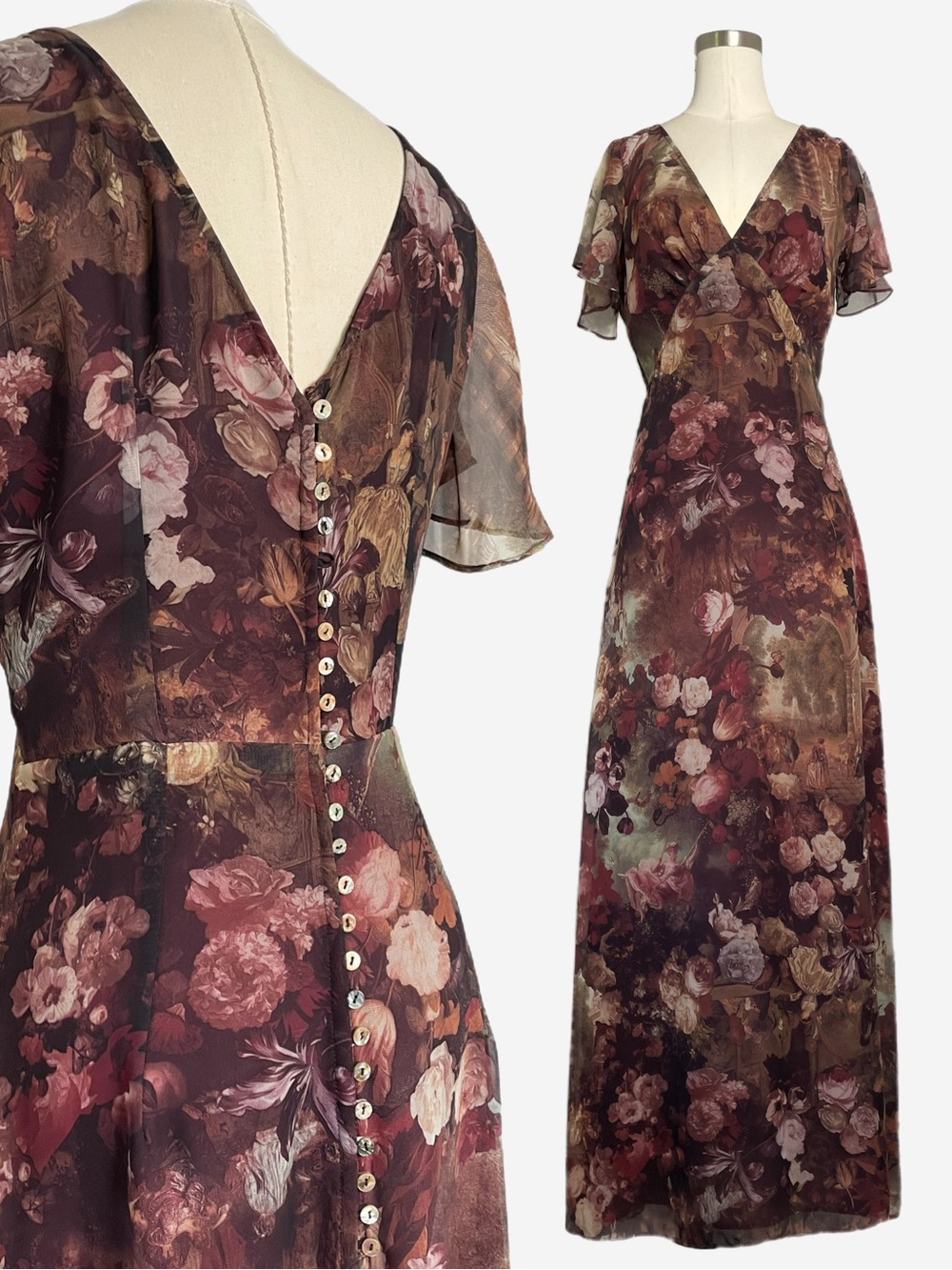 Vintage 90s Bonnie Strauss Earthy floral rococo maxi dress whimsical ethereal M